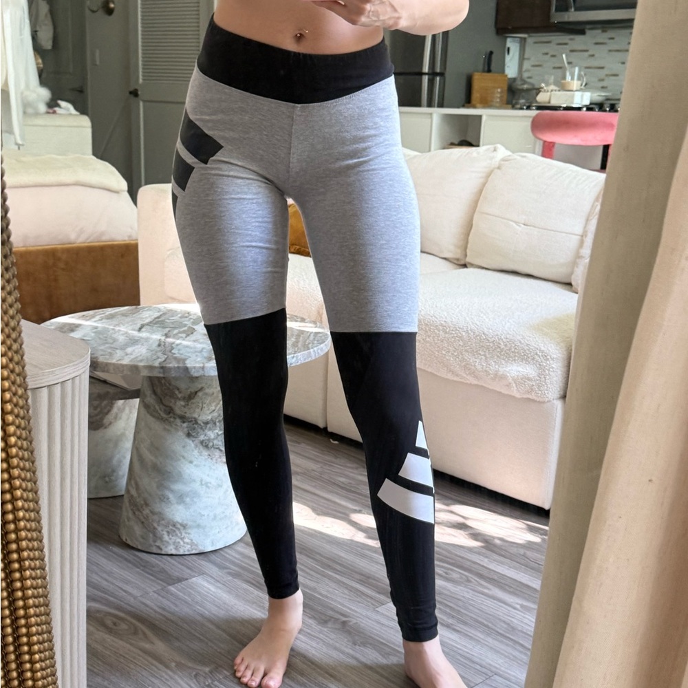Adidas black gray colorblock leggings high waisted logo athletic pants gym S